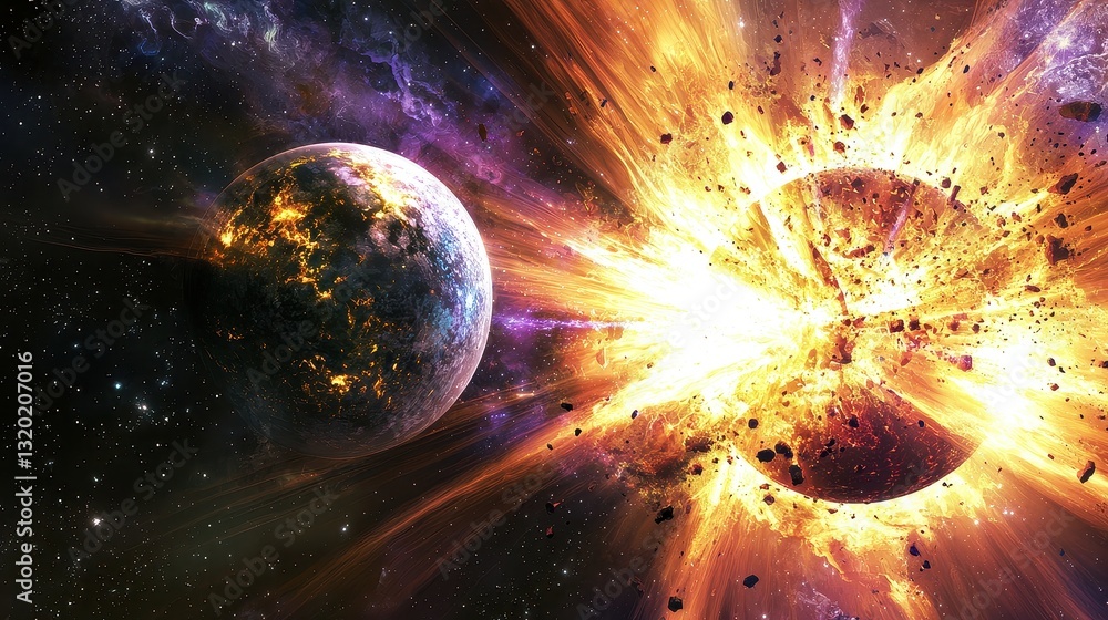 Wall mural explosive cosmic event with planets in outer space environment