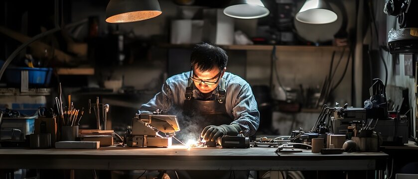 Concentrated person sitting and working with welding equipment in an industrial workshop setting with contemporary cinematic lighting creating a dramatic and focused atmosphere