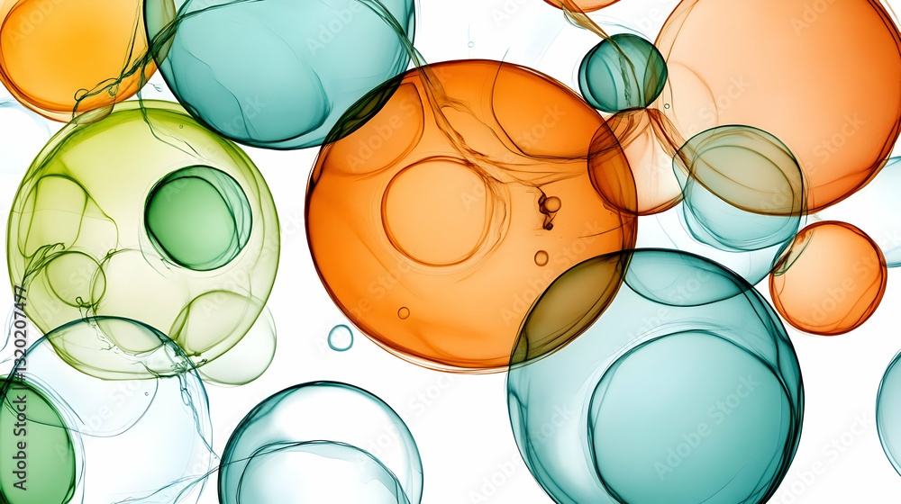 Poster abstract background of translucent spheres intertwined with swirling veils of color, creating a dyna