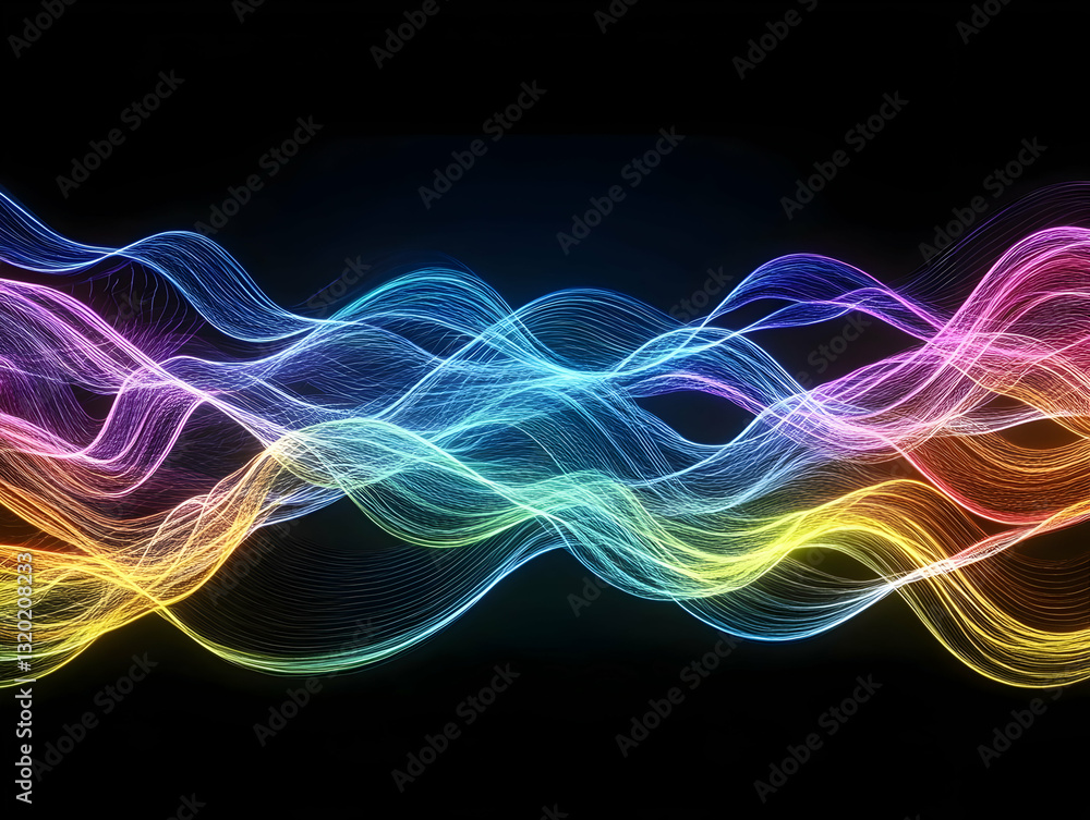 Poster abstract colorful waves flowing dynamically across a black background, creating a vibrant and energe