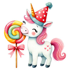 Naklejka premium Birthday unicorn concept. A cute cartoon unicorn wearing a party hat joyfully holds a colorful lollipop, embodying a festive and whimsical atmosphere.