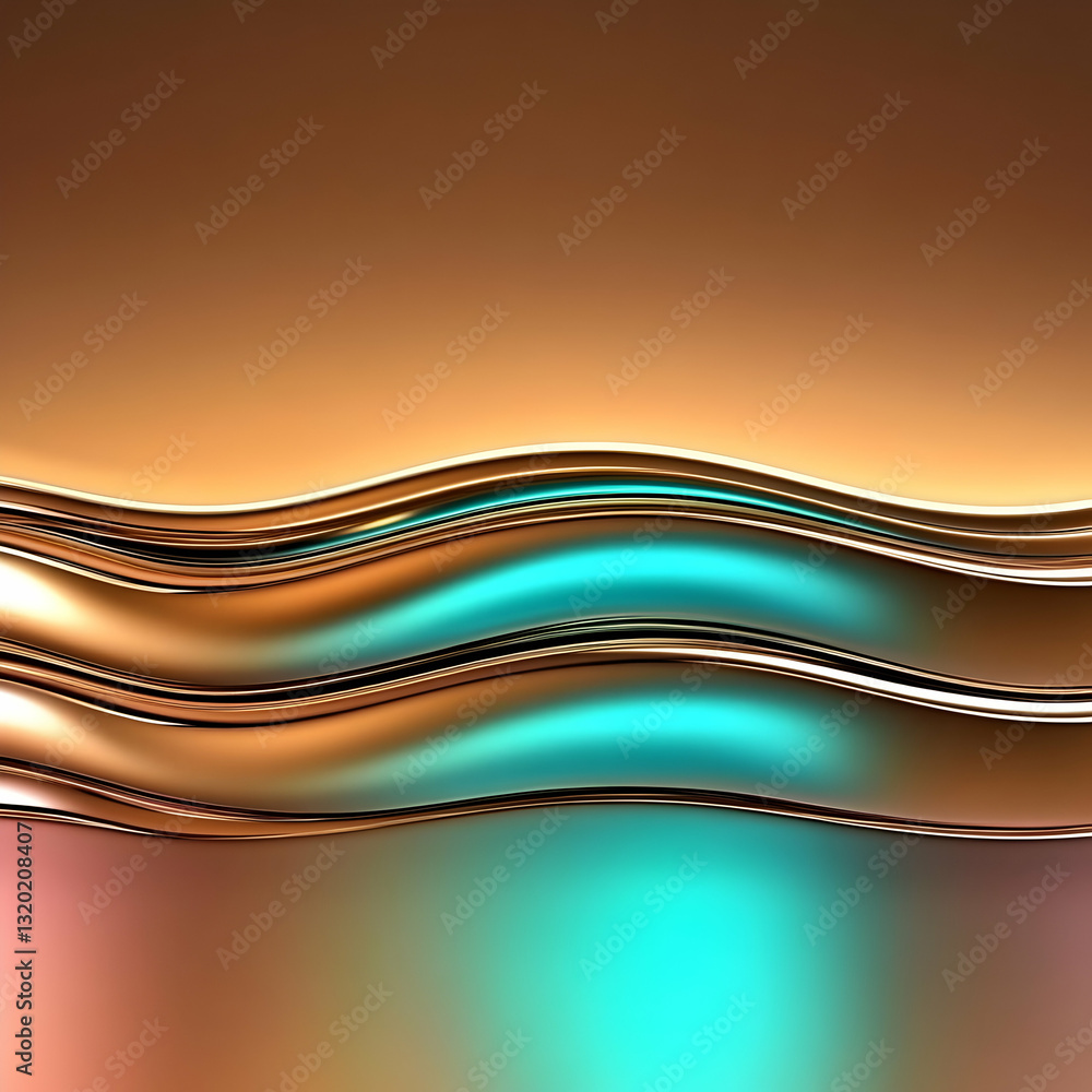 Poster abstract 3d rendering of flowing metallic waves, creating a dynamic, colorful background with a grad
