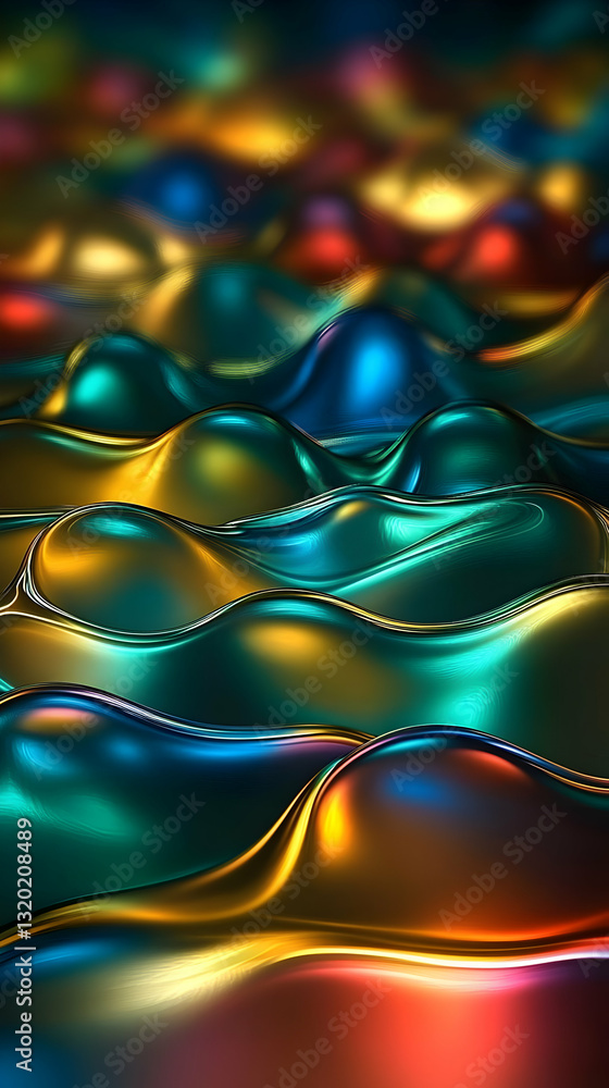 Poster abstract 3d render of colorful, fluid, wavy forms, glowing with vivid hues and metallic sheen, creat