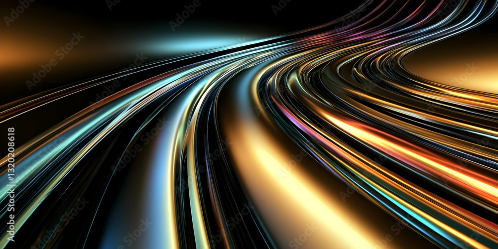 Aufkleber abstract 3d render of swirling, metallic, rainbow-colored lines creating a dynamic, curving backgrou