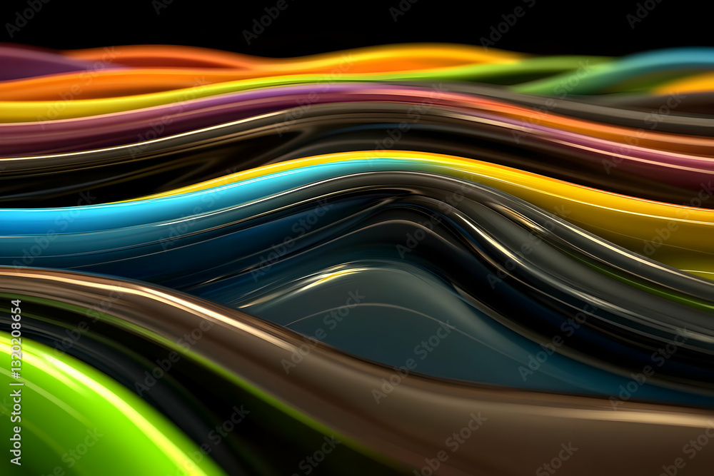 Poster abstract 3d rendering of colorful, glossy, wavy lines flowing dynamically across black background
