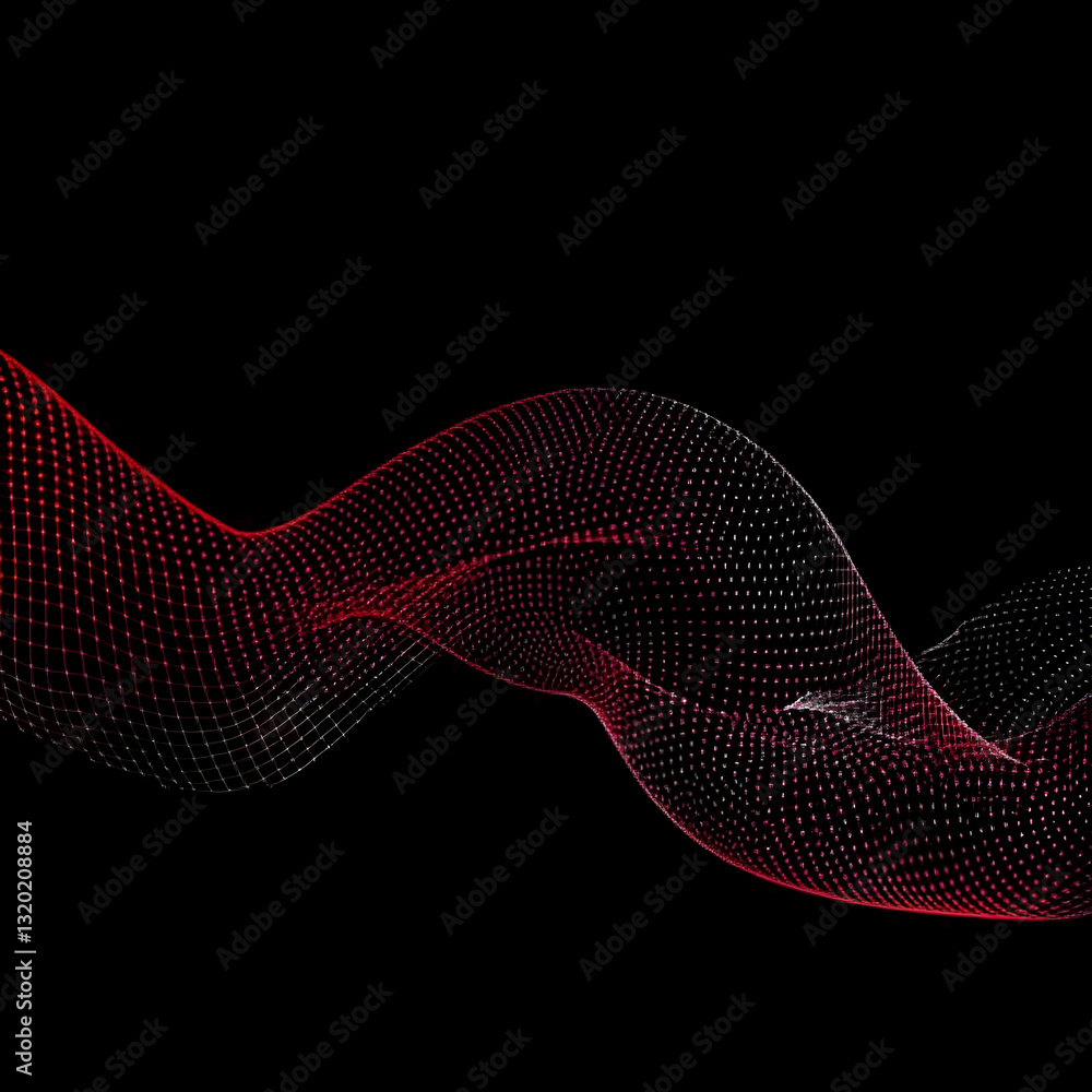 Poster abstract red and white dotted wave flows dynamically on black background, creating an intriguing 3d 