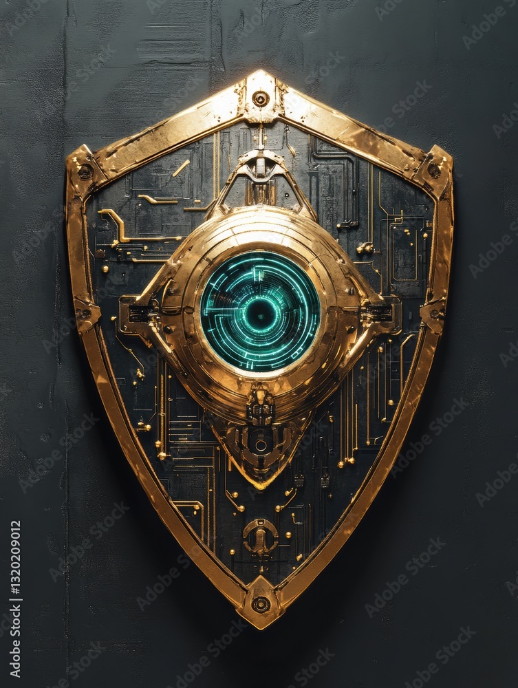 Poster Cybernetic shield with robotic eye symbolizes artificial intelligence in cybersecurity
