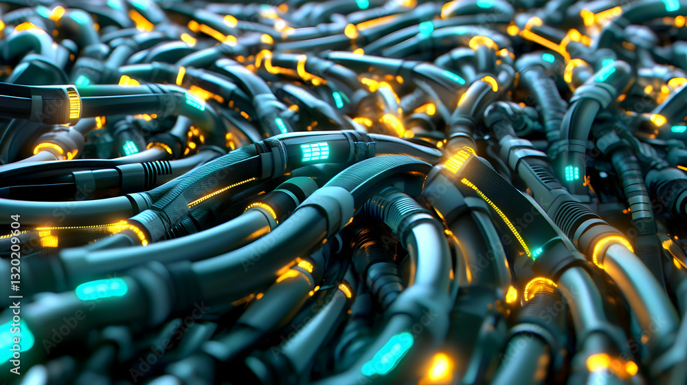 Poster abstract 3d render of intertwined futuristic cables with glowing neon lights, illustrating complex n