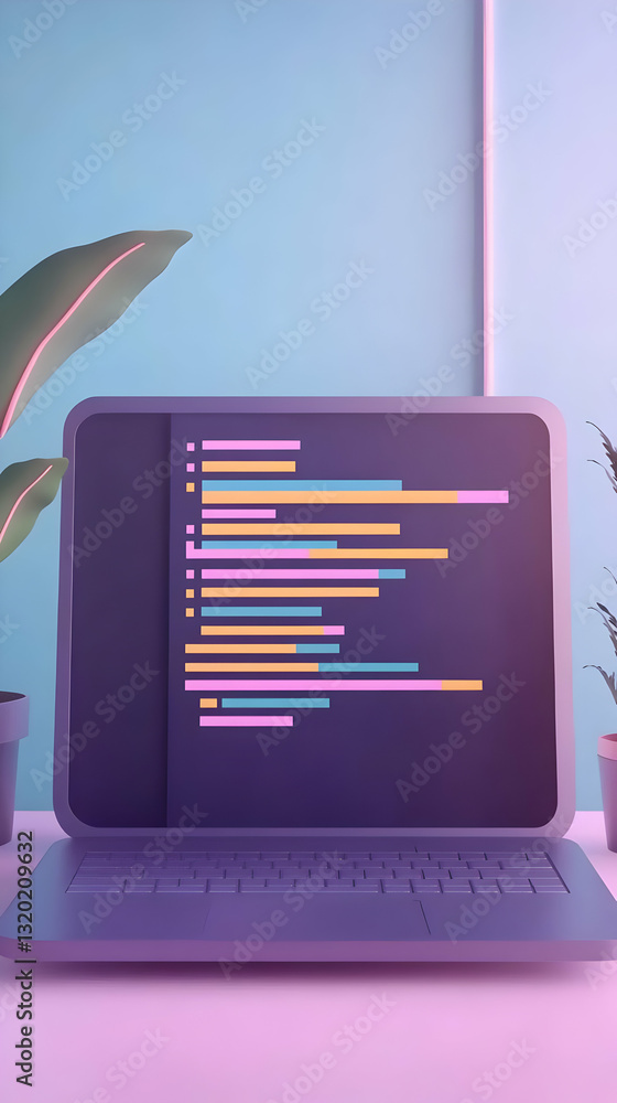 Aufkleber 3d render of laptop displaying colorful code on a pastel background with plants
