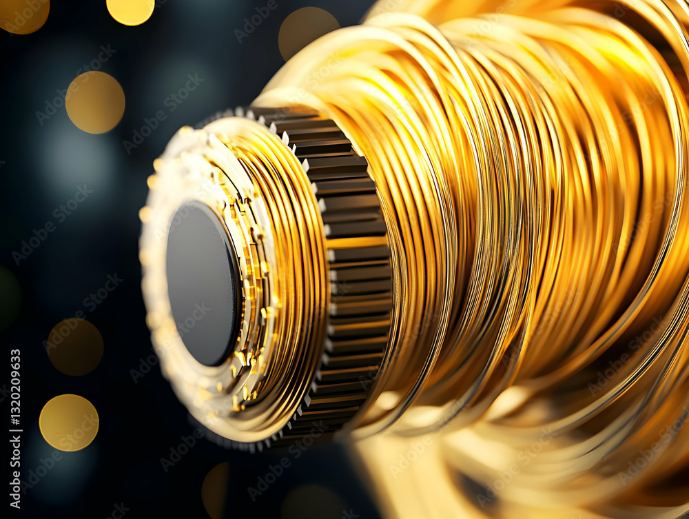 Poster abstract 3d golden gear mechanism rotating in dark background with bokeh lights, luxurious design.