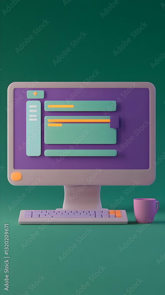 Aufkleber stylized 3d render of a computer with user interface, keyboard, and coffee cup on teal background