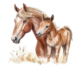 Obraz premium Watercolor Illustration of Mare and Foal Portrait Realistic Horse Art Cute Baby Animal