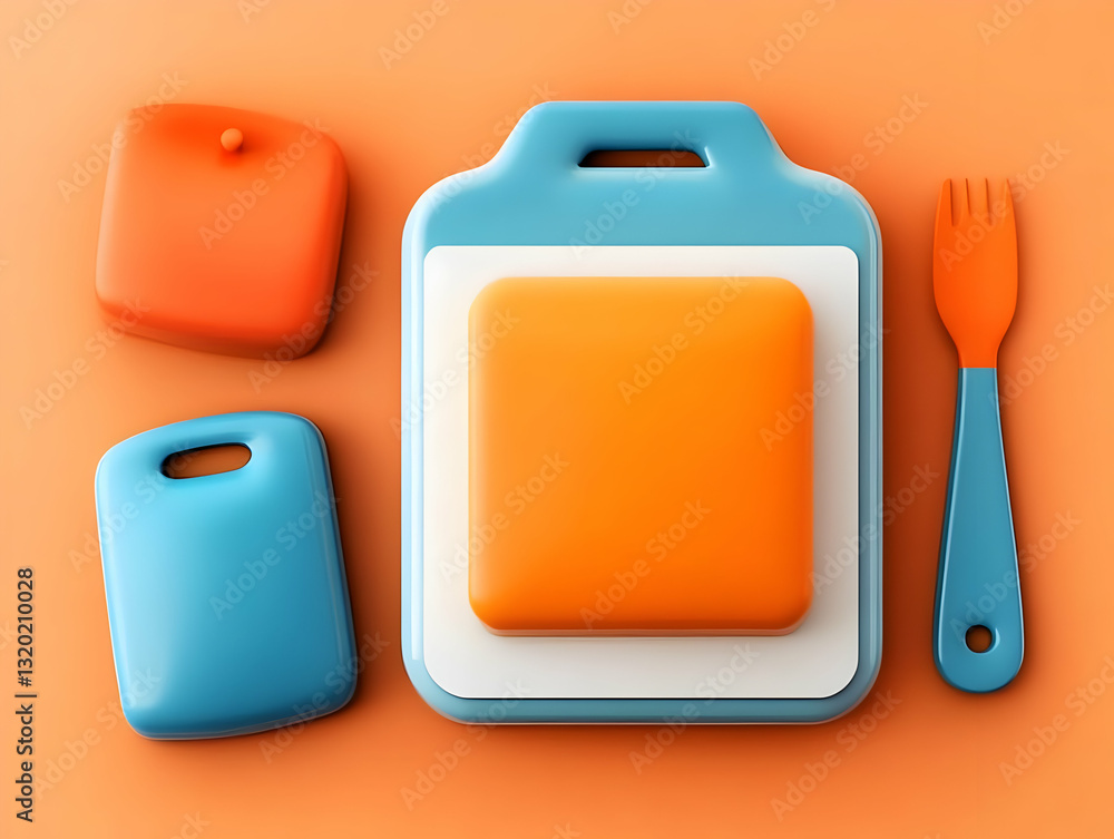 Poster abstract 3d render of colorful blocks and a fork on orange background, minimalist food icon design