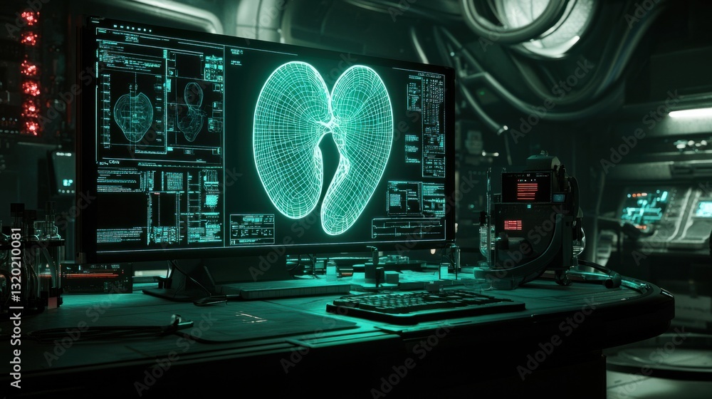 Poster futuristic digital heart visualization on high-tech computer screen