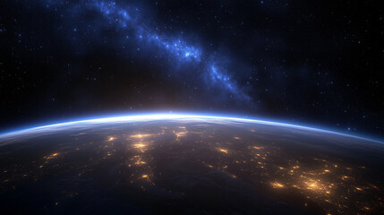 Obraz premium A small satellite is orbiting around the Earth, capturing high-resolution views of the planet which appears glowing in blue and white colors, with a space backdrop dotted with subtle stars.