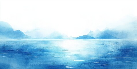 Naklejka premium Watercolor Seascape Ocean Background Water Surface with Waves Abstract Light Bright Art Illustration