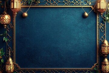 Elegant dark blue background with golden frame and ornate lantern decorations Beautiful!