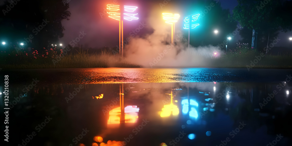 Poster nighttime neon lights reflecting in a puddle, creating a surreal and atmospheric scene