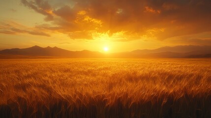 Fototapeta premium Golden sunlight illuminates an expansive field of wheat during sunset