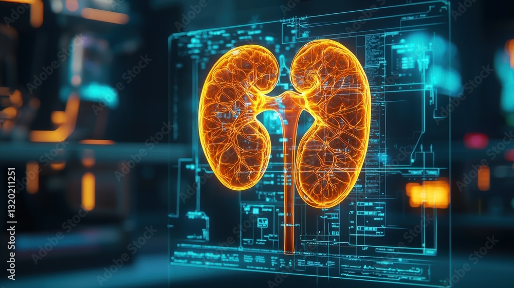 Poster illuminated digital rendering of human kidneys with circuit design