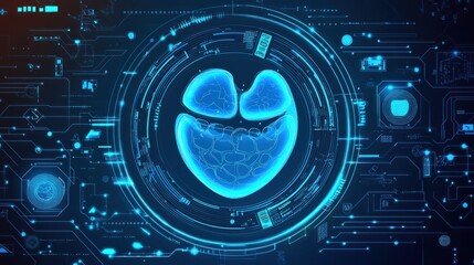 Futuristic Blue Smiley Face Icon with Digital Circuit Background