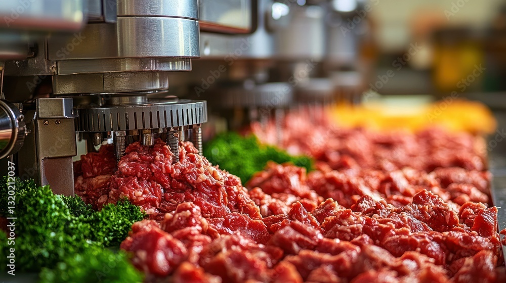 Poster automated meat tenderizer injecting raw beef chunks on a production line