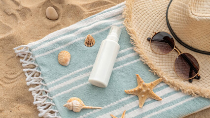 Mockup Outdoor Wave. Stylish beach cosmetic kit mockup featuring outdoor wave design, perfect for vacation-themed beauty products. Product Cosmetic beach.