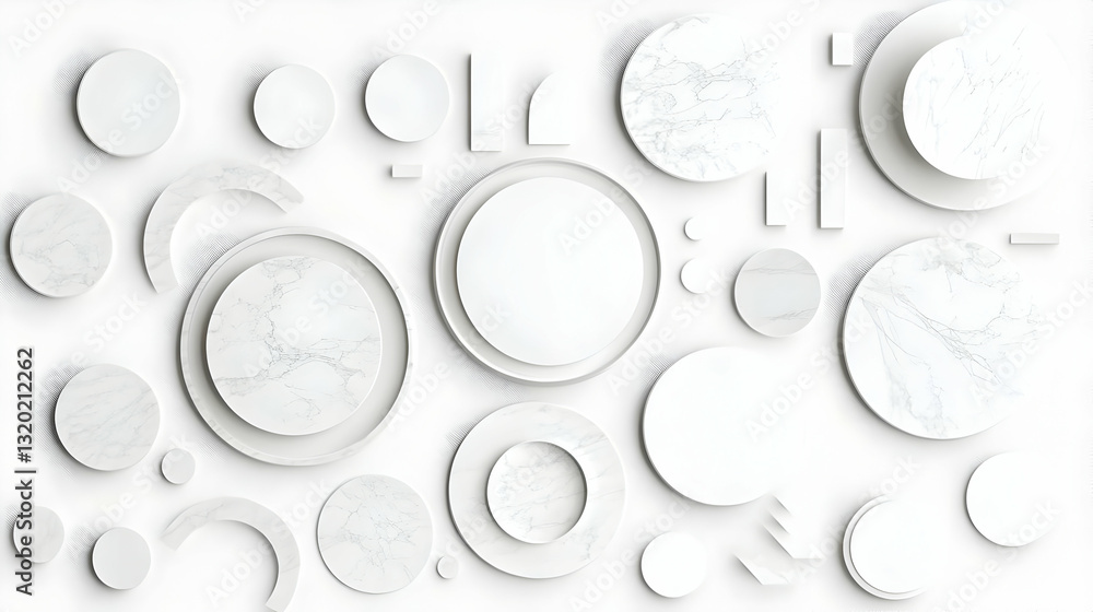 Poster abstract white marble and geometric shapes 3d illustration background design, featuring overlapping 