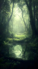 Misty Forest Path Reflects in Still Pond, Digital Painting of Enchanting Nature Scene
