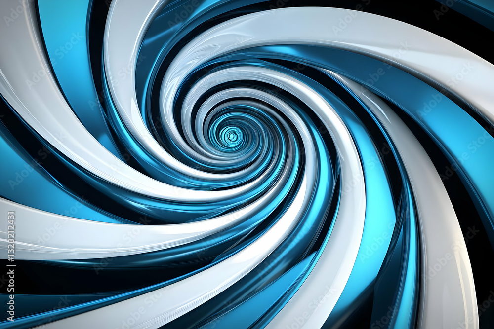 Poster abstract 3d rendering of swirling blue and white metallic spirals, creating a dynamic and hypnotic v