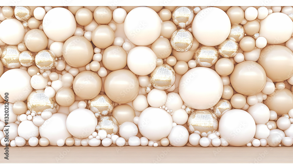 Poster 3d render of a wall decorated with many beige and white balloons of varying sizes, creating an abstr