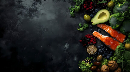 Nutrient Symphony: A vibrant array of health-boosting food items artfully arranged, embodying the essence of wholesome nutrition.