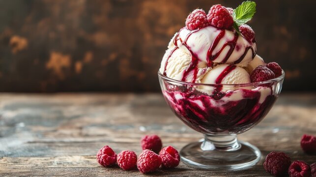 Delicious vanilla ice cream sundae topped with fresh raspberries and berry sauce