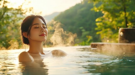 Fototapeta premium A woman enjoys a relaxing outdoor spa day near nature