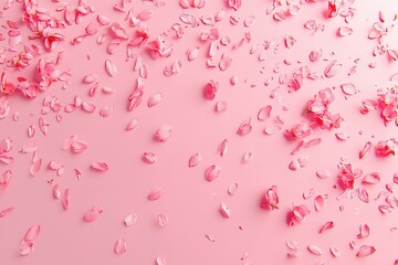 Pink petals scattered on pink backdrop create a visually appealing floral pattern