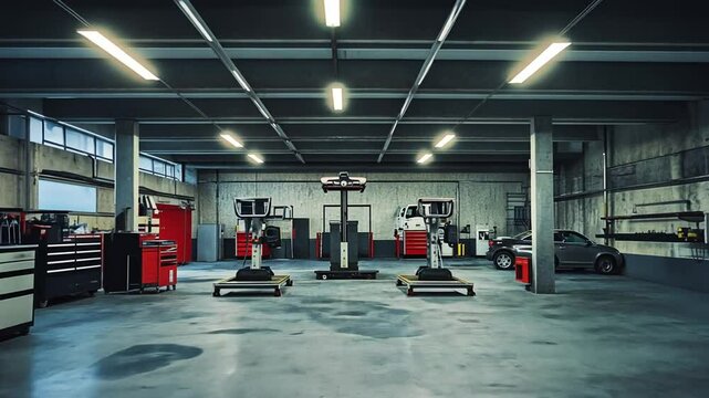 Automotive Workshop Interior with Equipment, Car Lifts, and Tools for Vehicle Maintenance