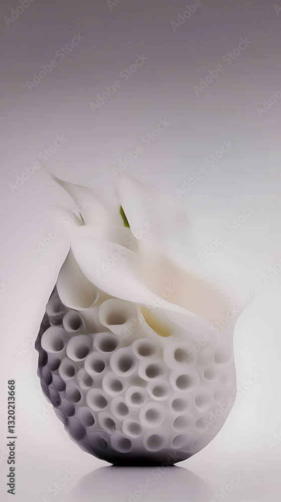 Poster abstract 3d render of white calla lily in textured vase, against a gradient background