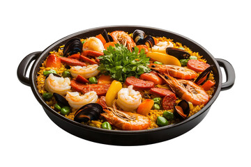 seafood paella in black pan on transparent background