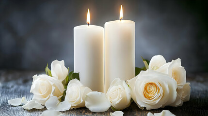 Two Lit White Candles Surrounded by a Ring of Elegant White Roses on a Dark Wooden Surface; a Still Life Photo of Remembrance and Serenity.