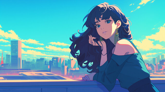 80sアニメガール｜カラフルな都会の背景とシティポップの美学