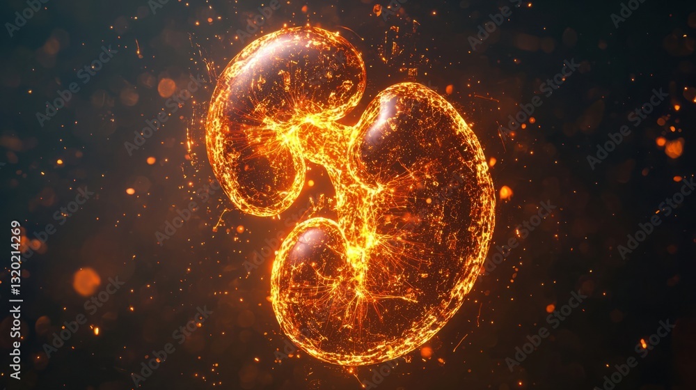 Poster abstract representation of luminous kidneys with sparkling effects