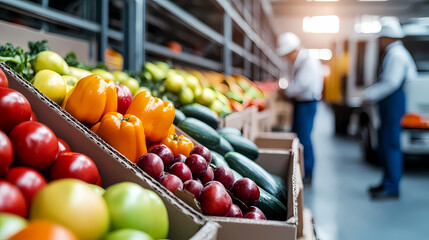 Fresh Produce Wholesale: A vibrant array of colorful fruits and vegetables on display at a wholesale market, hinting at freshness and abundance, ready for distribution