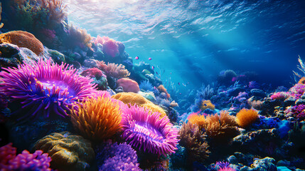 Naklejka premium Underwater Paradise: A vibrant, detailed underwater world showcases a coral reef teeming with colorful marine life, illuminated by sunbeams that cascade through the clear, tranquil ocean.