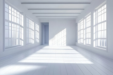 Sunlit Empty Room: 3D Render of a White Room with Large Windows and Wooden Floor, Ideal for Backgrounds or Interior Design Projects