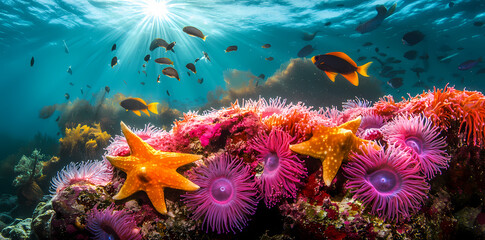 Obraz premium Coral Reef Underwater: A vibrant and bustling coral reef scene teeming with life, colorful coral formations, starfish, and various fish species.