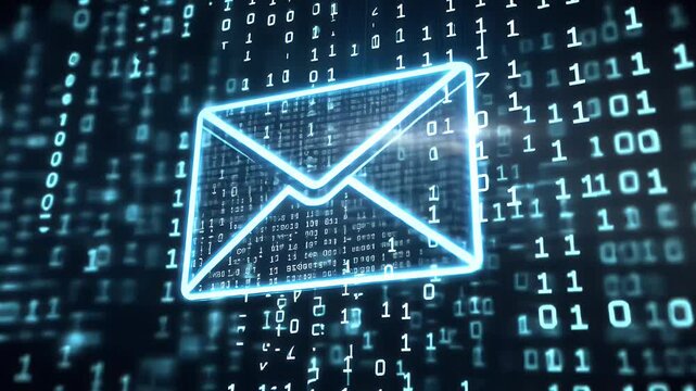 Digital Representation Of An Email Envelope Illuminated By A Glowing Neon Blue Light Set Against A Background Of Binary Code Representing Online Communication And Information Technology