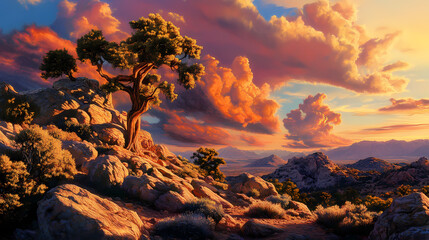 Golden Sunset Over Mountain Landscape: Capturing the ethereal beauty of a sunset paints the sky with vibrant hues, casting a warm glow over rugged mountains, rocky terrain.