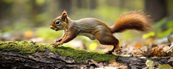 Fototapeta premium A nimble squirrel gracefully runs across a moss covered log