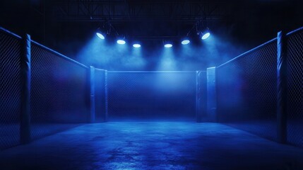 Empty Boxing Ring Under Blue Lights with Foggy Background Atmosphere
