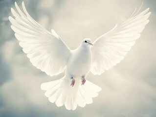 Fototapeta premium White Dove in Flight: A Serene 3D Illustration of Peace and Tranquility, Soaring Gracefully Against a Soft, Blurred Background.